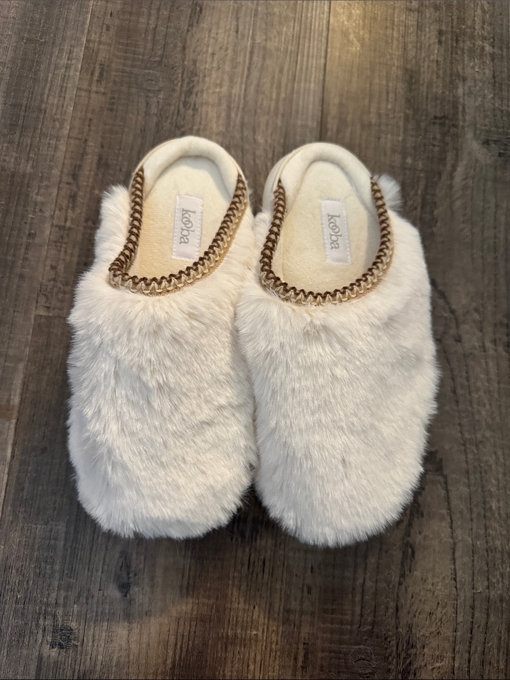 Kooba Cream Faux Fur Kids Slip-On Slippers with Braided Trim